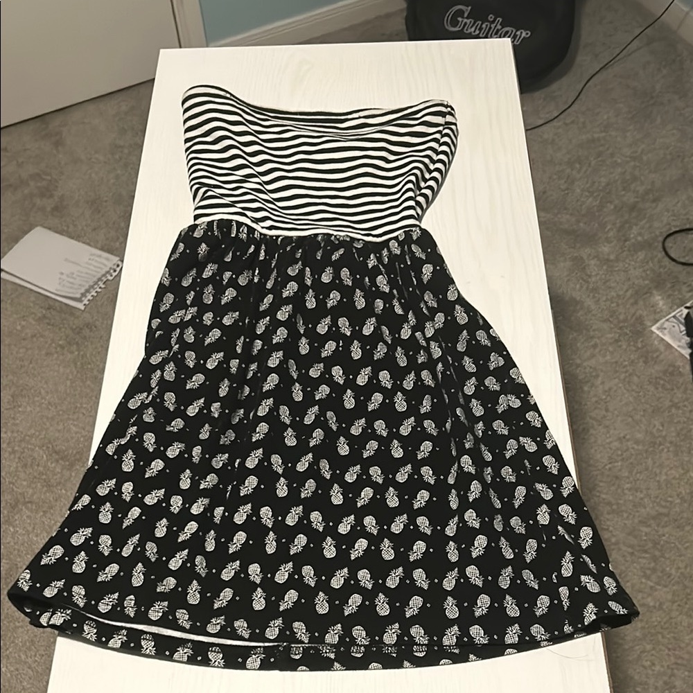 Black and White Striped Bandeau Swim Dress